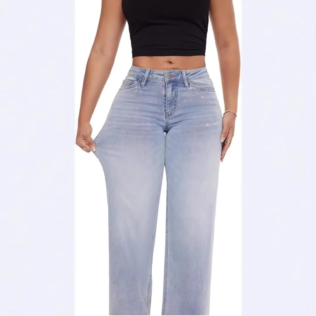Women'S Loose Wide Leg Elastic Jeans Mid Waist Butt Lifting Straight Loose Denim Pants New 2025 Cross-Border Slim Fit