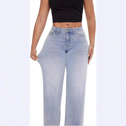 Women'S Loose Wide Leg Elastic Jeans Mid Waist Butt Lifting Straight Loose Denim Pants New 2025 Cross-Border Slim Fit