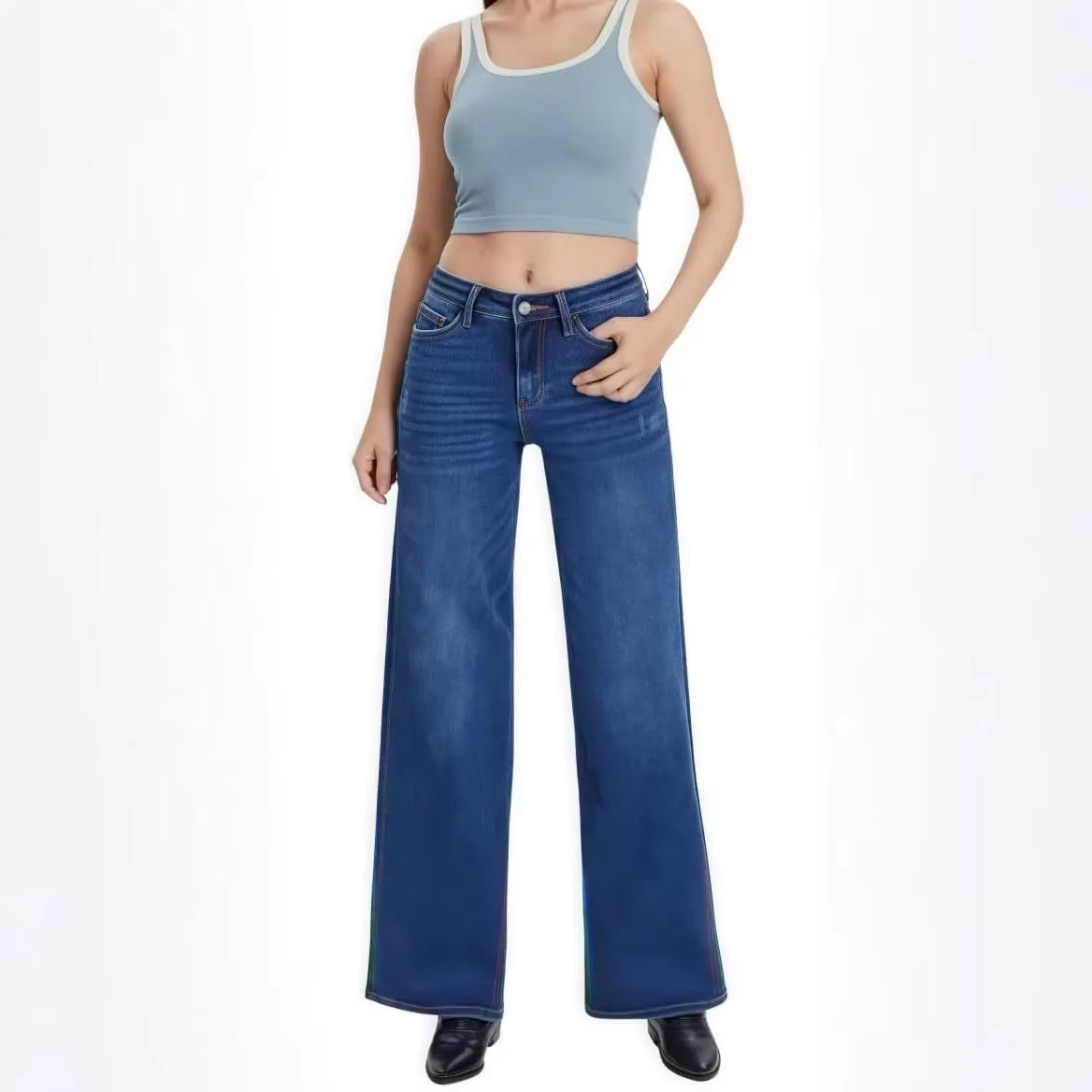 Women'S Loose Wide Leg Elastic Jeans Mid Waist Butt Lifting Straight Loose Denim Pants New 2025 Cross-Border Slim Fit